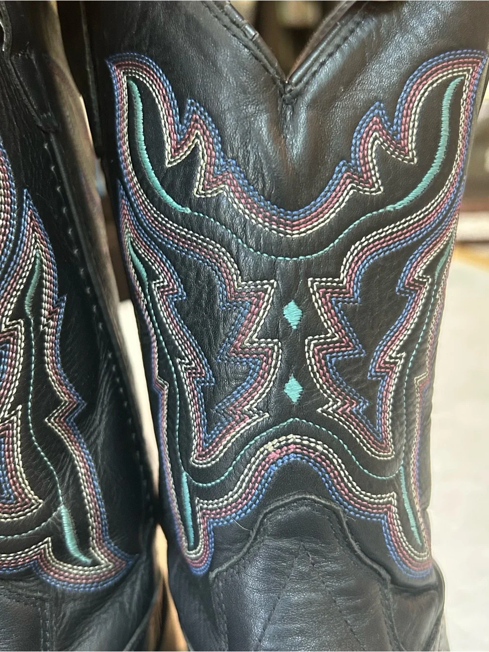 Old West Black Kids Western Boots Square Toe with Teal Accent Stitching